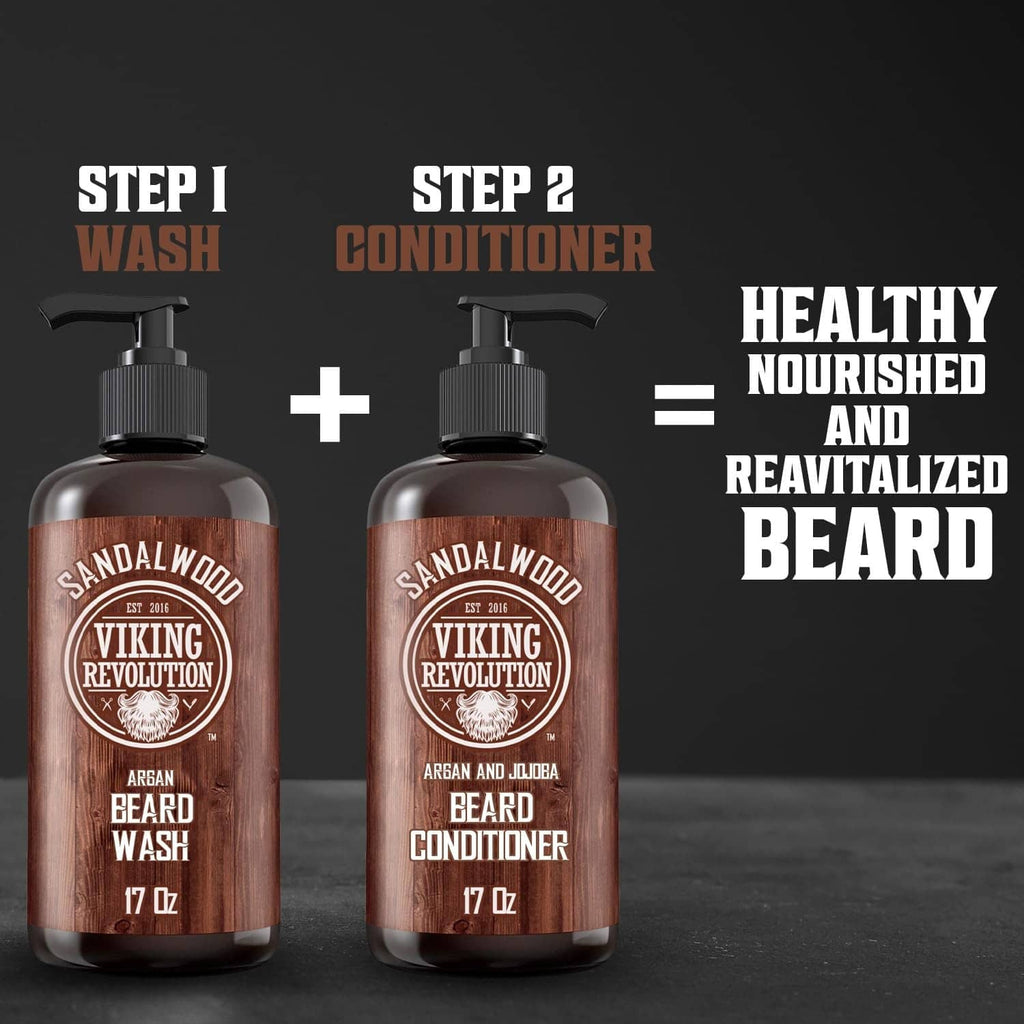 Beard wash and conditioner bottles with pumps, Argan formulas, 17 oz each