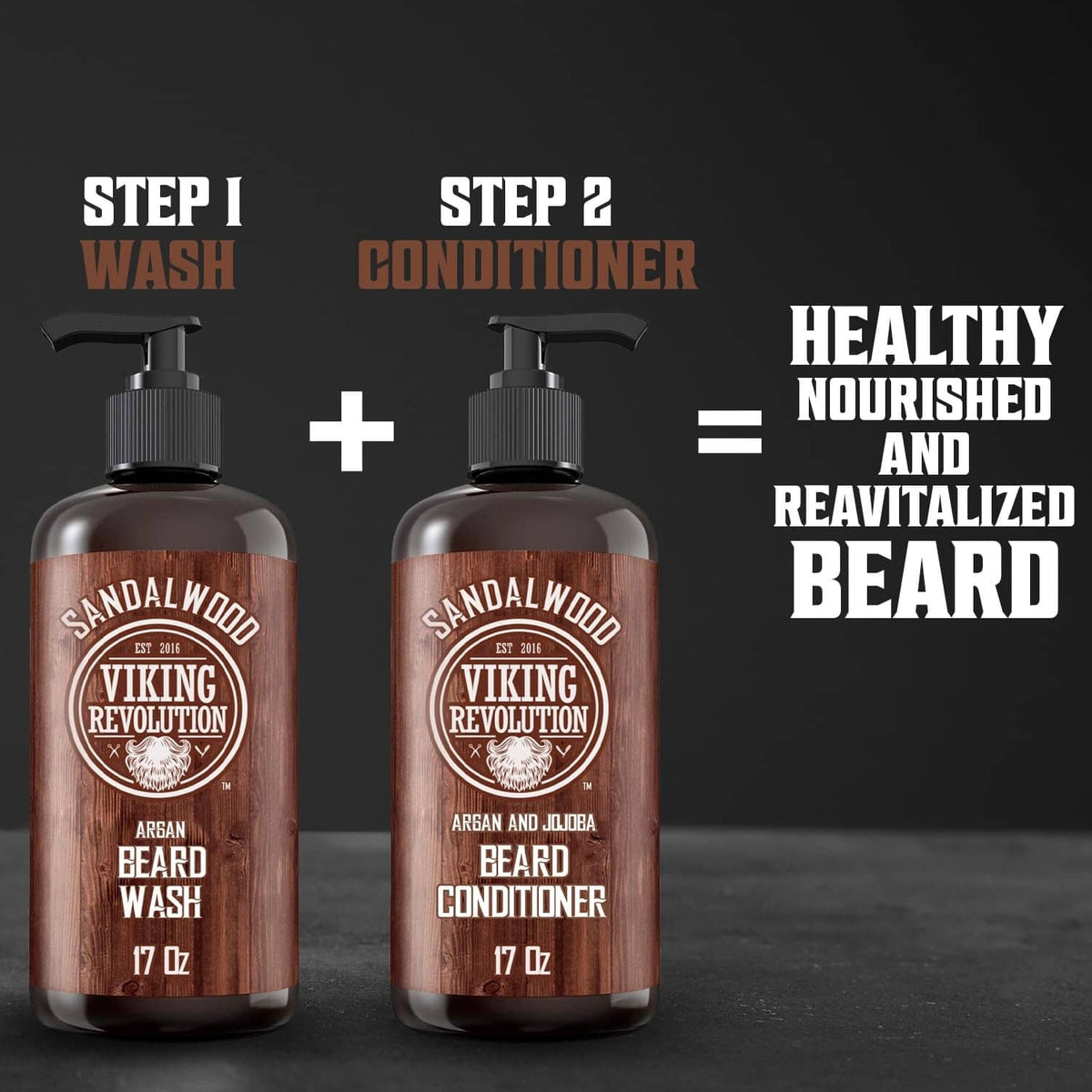 Beard wash and conditioner bottles with pumps, Argan formulas, 17 oz each