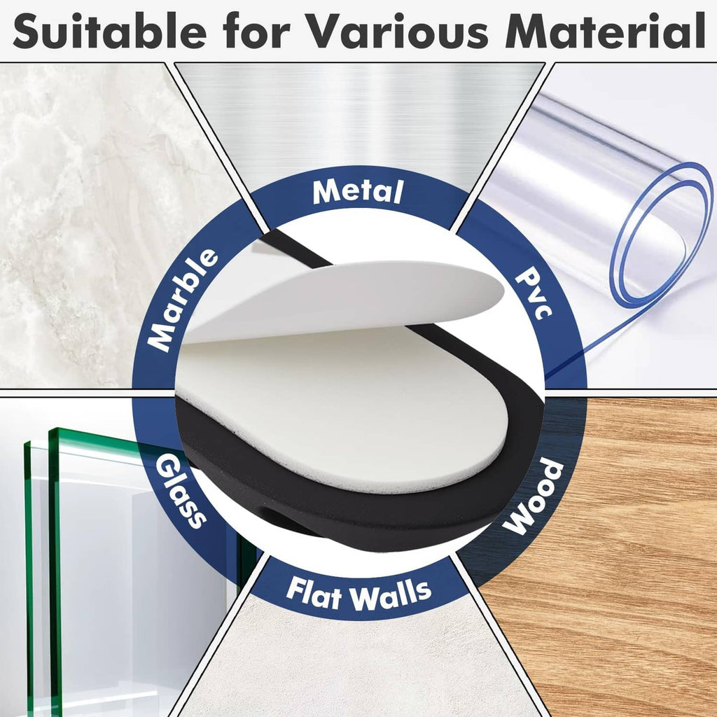Black round adhesive cord holder, shown on surfaces like metal, glass, wood, and flat walls