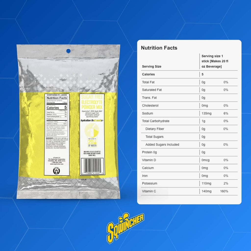 Lemonade electrolyte pouch and nutrition facts panel, yellow and silver
