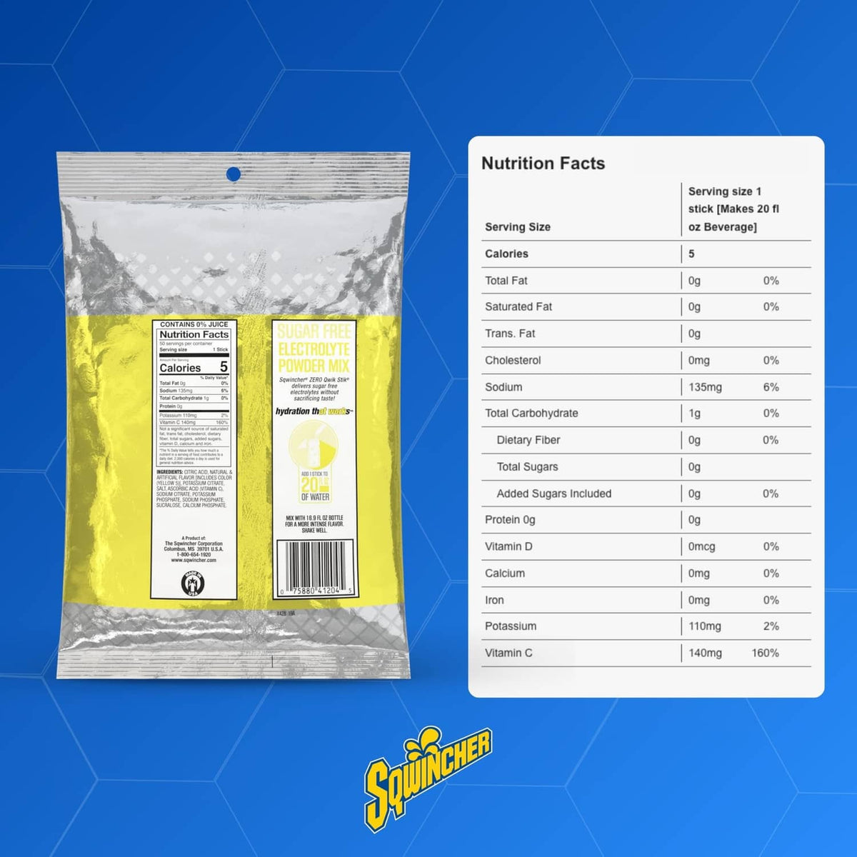 Lemonade electrolyte pouch and nutrition facts panel, yellow and silver