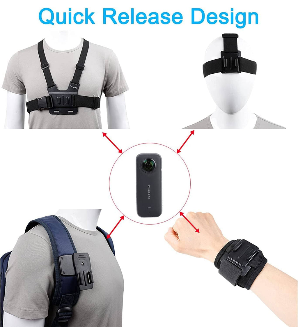 Action camera mount harness with quick-release clips and adjustable strap positions