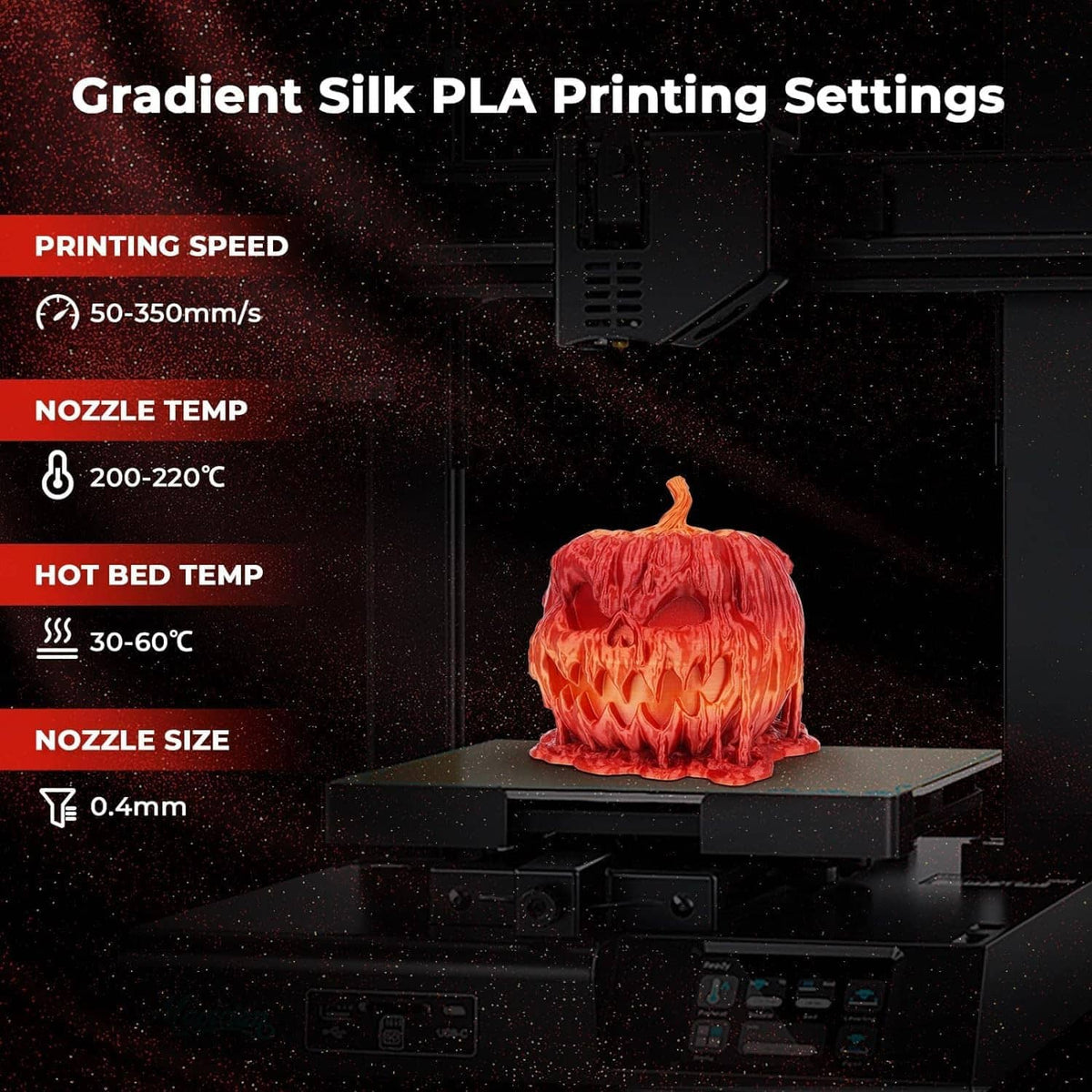 Shiny red-orange PLA gradient printed model on 3D printer build plate