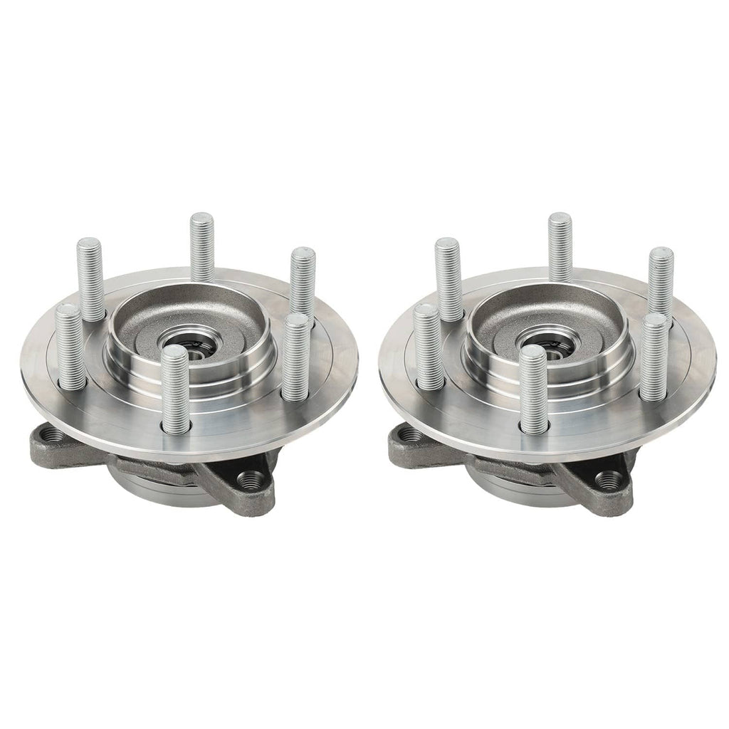 Pair of wheel hub assemblies from top view, with center bearing opening and studs