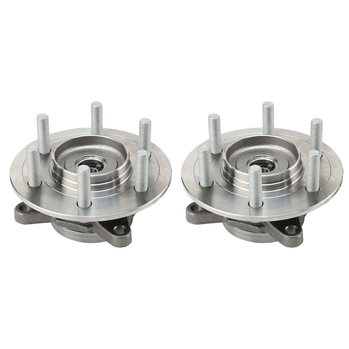 Pair of wheel hub assemblies from top view, with center bearing opening and studs