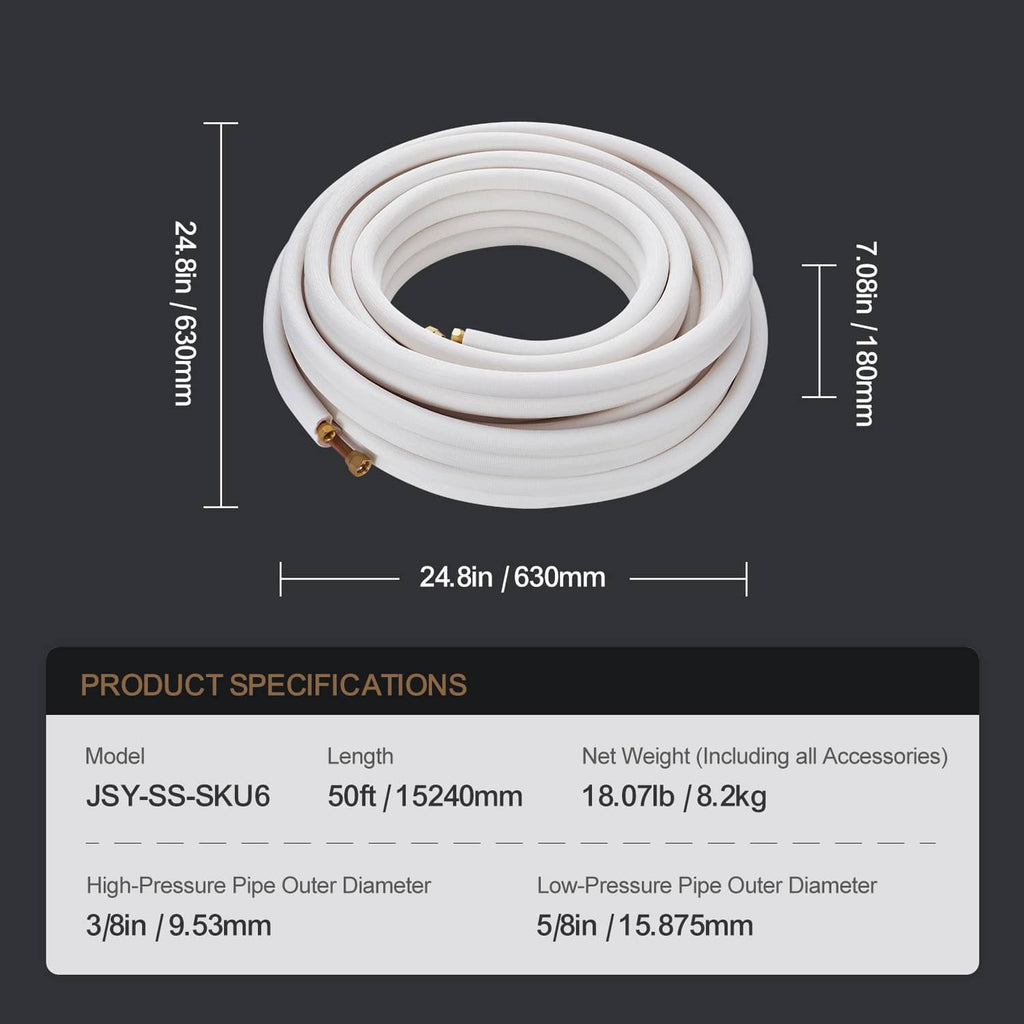 Insulated mini-split copper line set, coiled white tubing with copper fittings