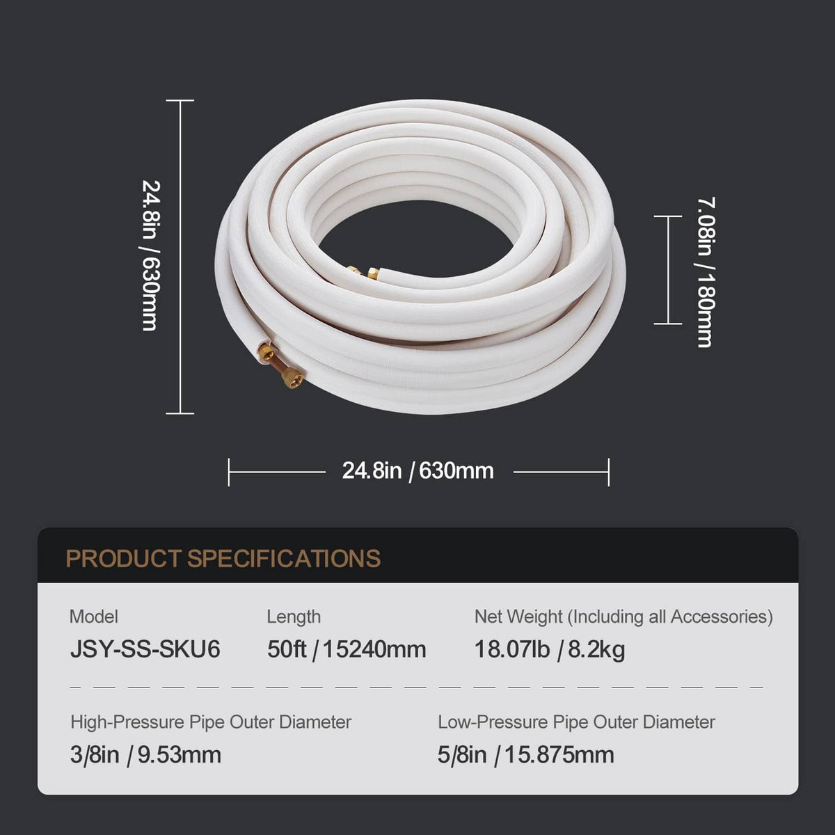 Insulated mini-split copper line set, coiled white tubing with copper fittings