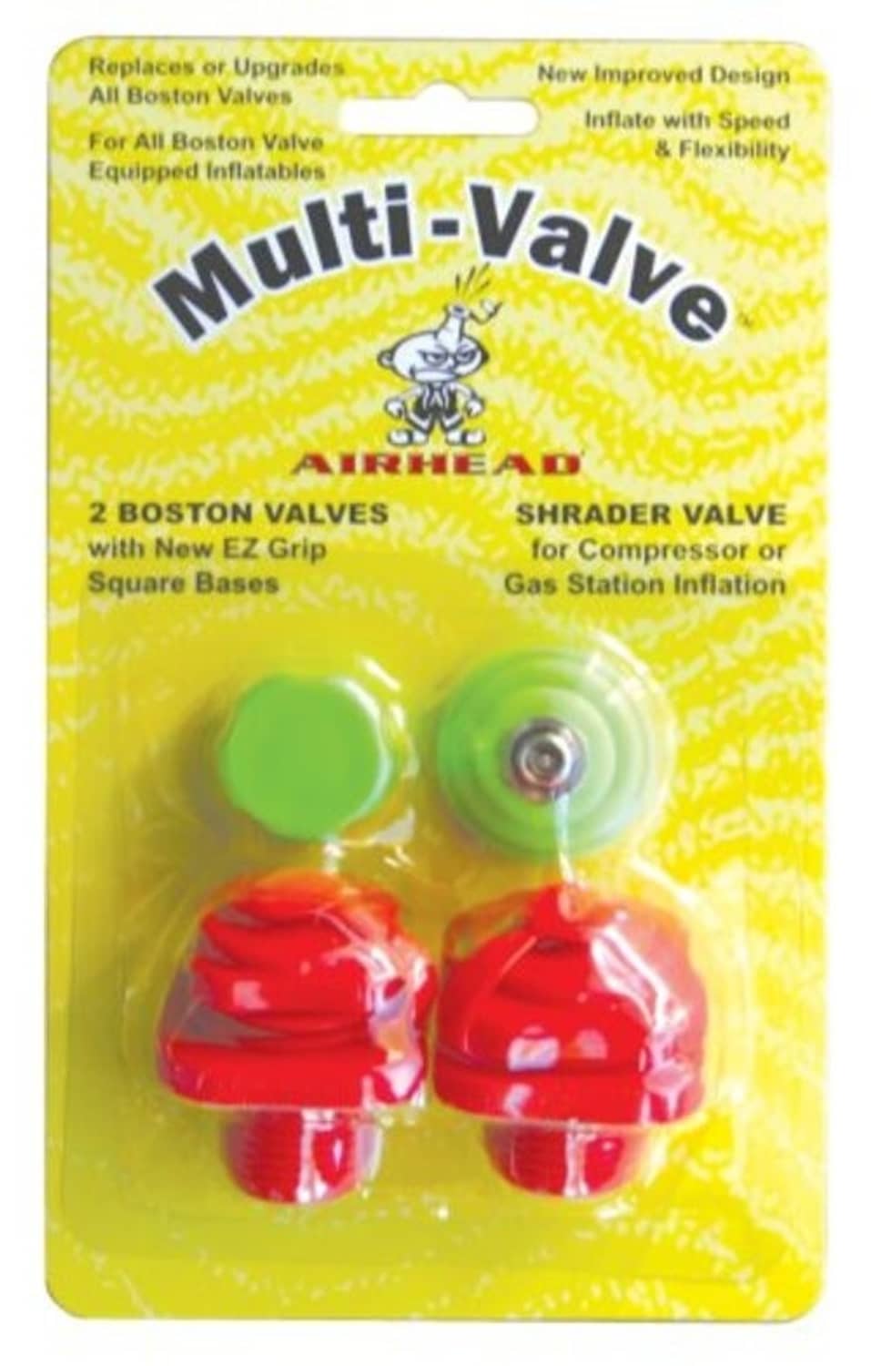 Multi-Valve airhead valve package with red and green valves on a blister card