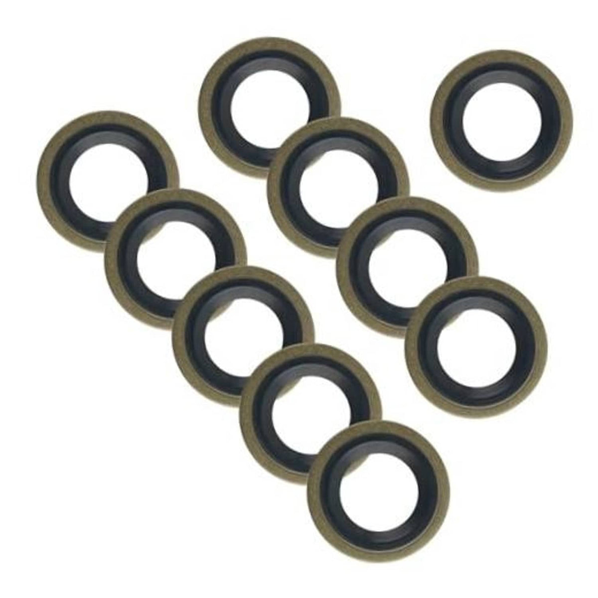 10 oil drain plug crush gaskets, metal with dark rubber sealing ring, circular washers