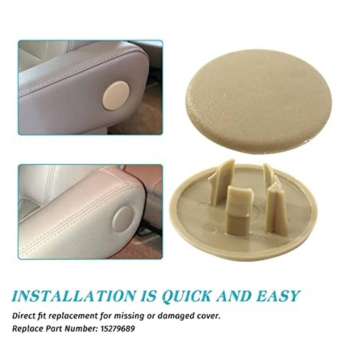 Beige armrest cover cap with round pad button, plus underside clip base