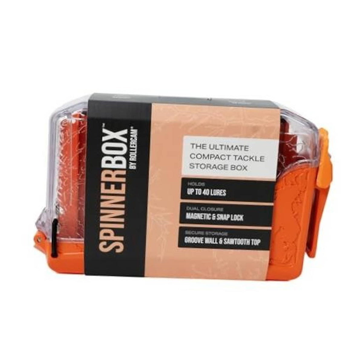 Compact tackle storage box with clear lid and orange base, side snap-lock latches.