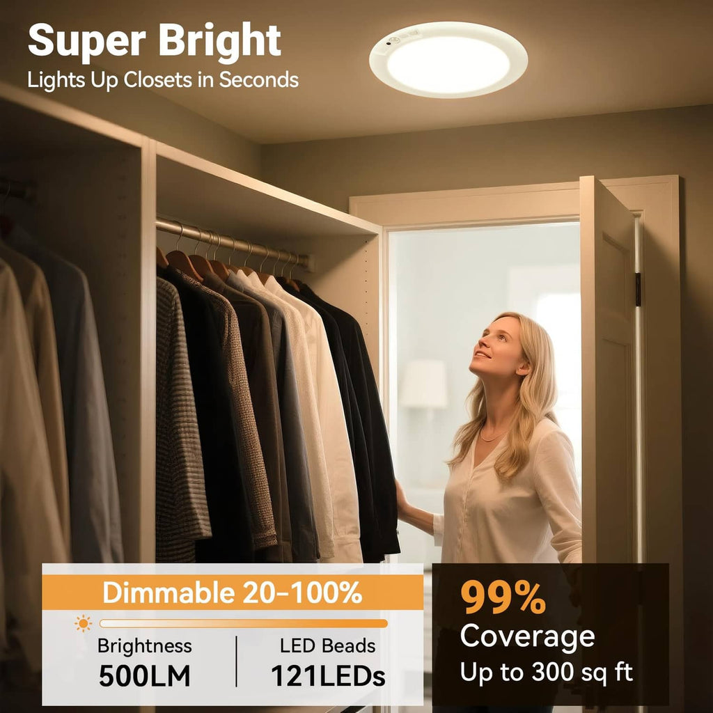Round LED ceiling light producing bright, even illumination for closets