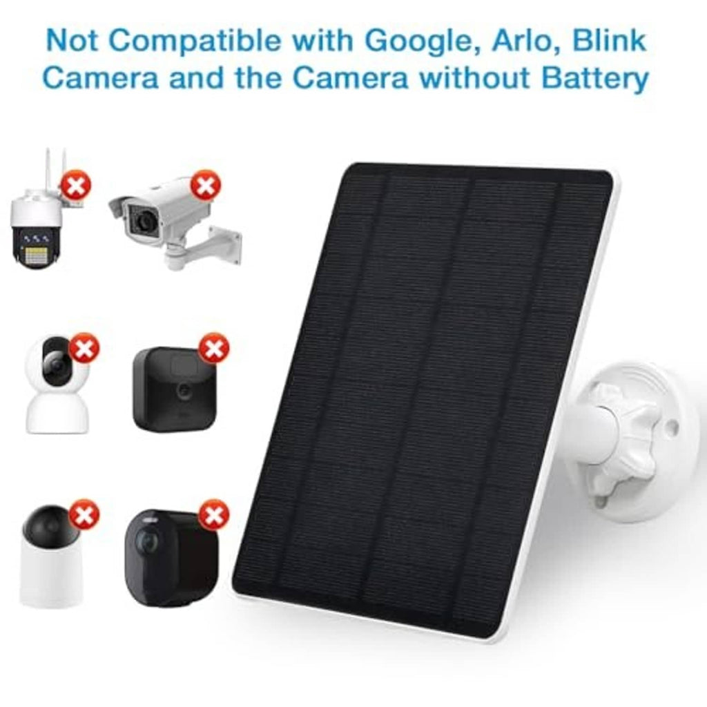 Black solar panel with white wall mount, shown with red compatibility warning icons
