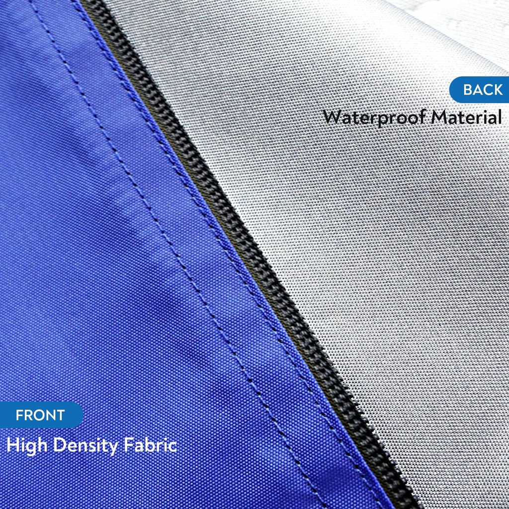 Blue mattress bag fabric with black zipper trim and seam close-up