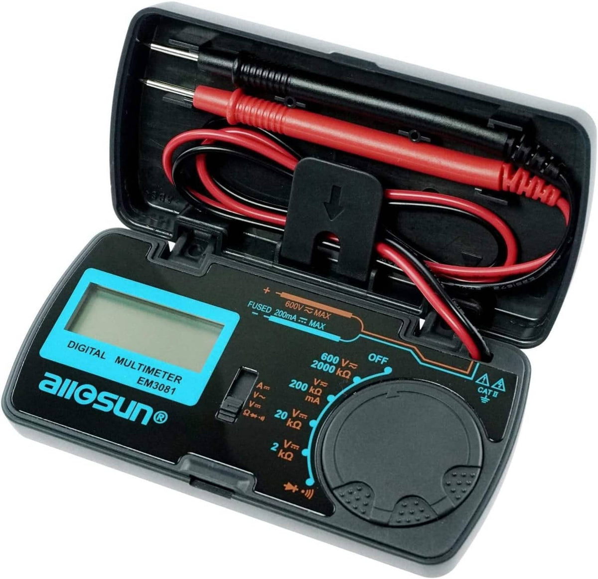 Handheld digital multimeter in black case with blue LCD, dial, and red/black test leads