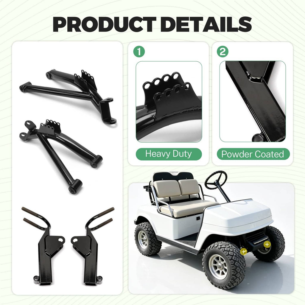 A-arm lift kit product details with black powder-coated arms and heavy-duty brackets