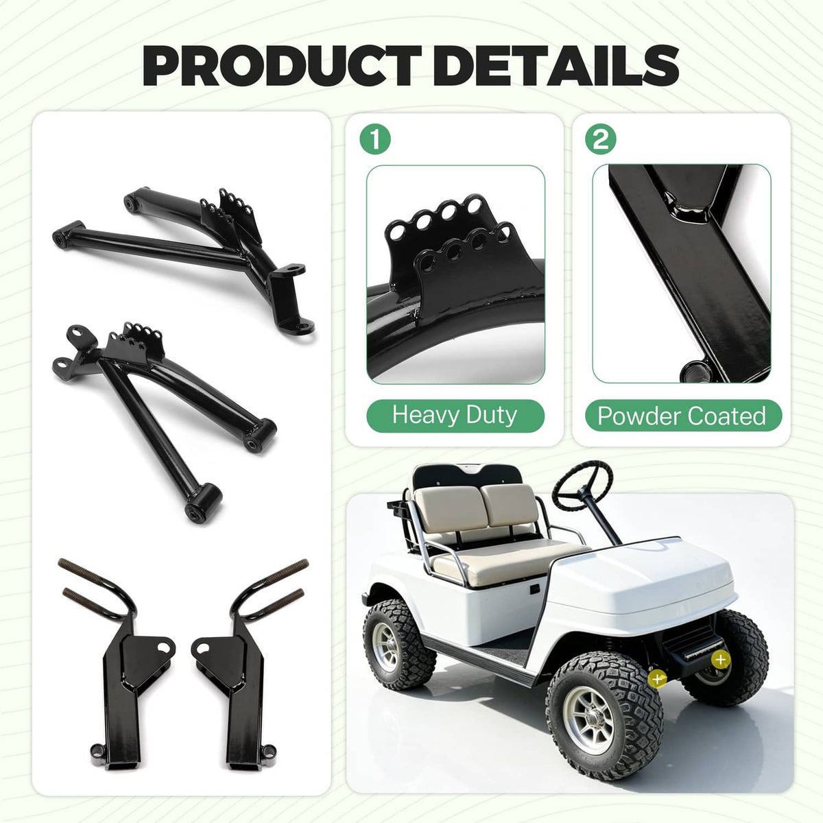 A-arm lift kit product details with black powder-coated arms and heavy-duty brackets