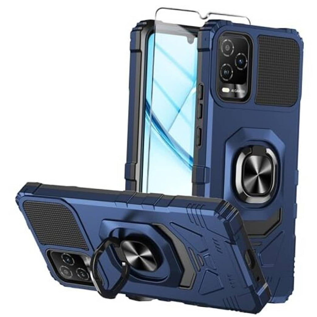 Blue rugged phone case with tempered glass screen protector, ring stand, and camera cutouts