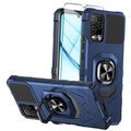 Blue rugged phone case with tempered glass screen protector, ring stand, and camera cutouts