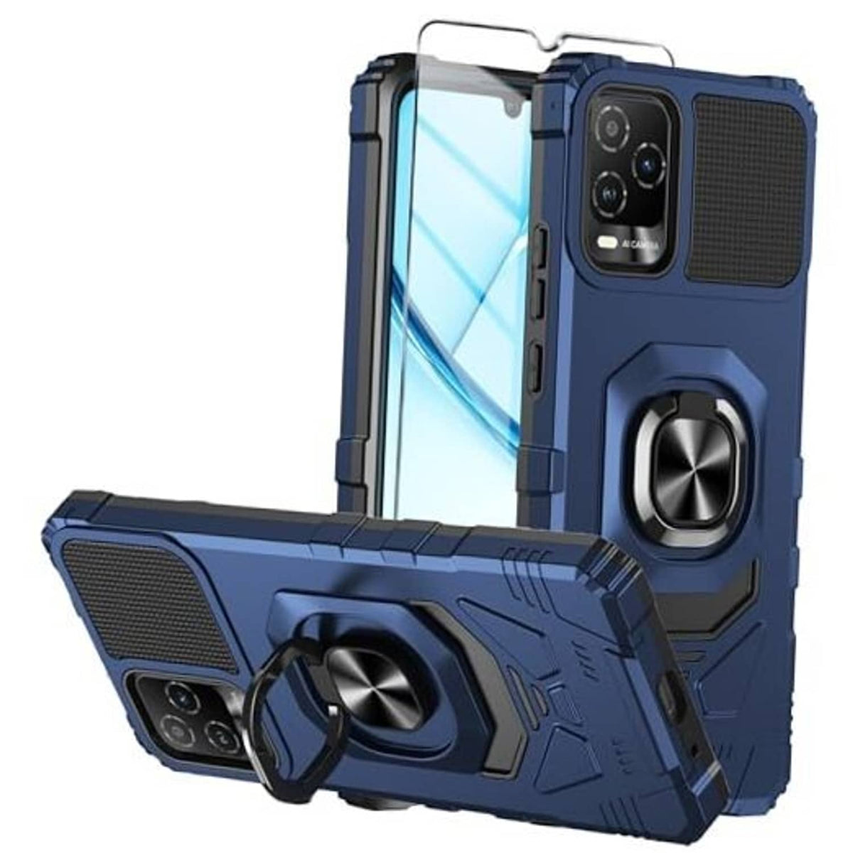 Blue rugged phone case with tempered glass screen protector, ring stand, and camera cutouts