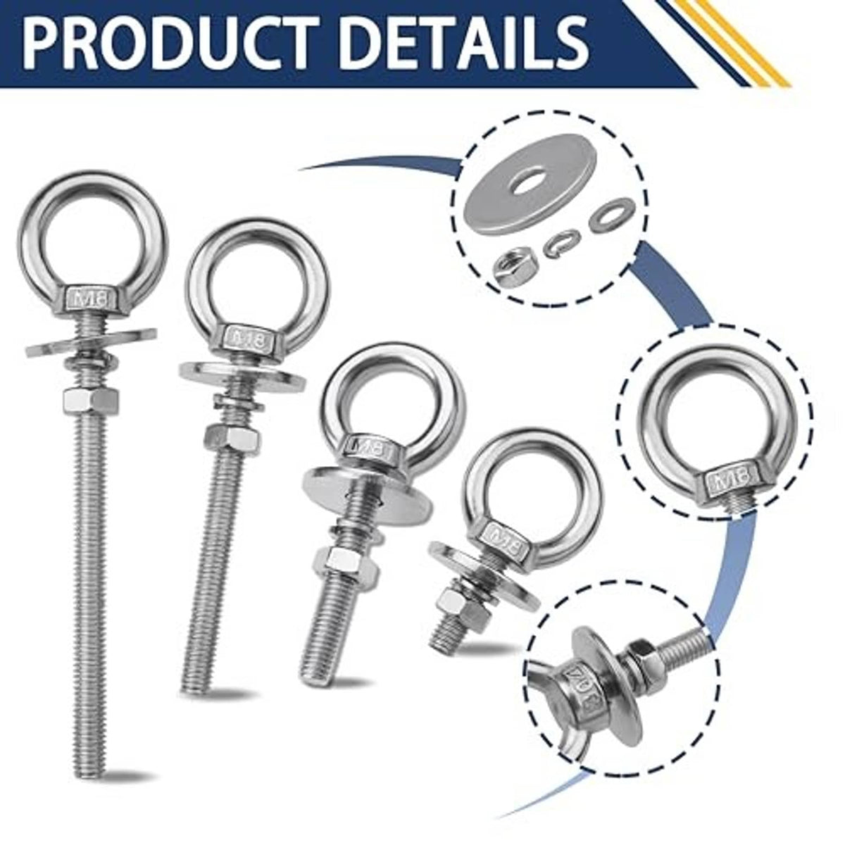 Stainless steel eye bolts with nuts and washers, shown from multiple angles