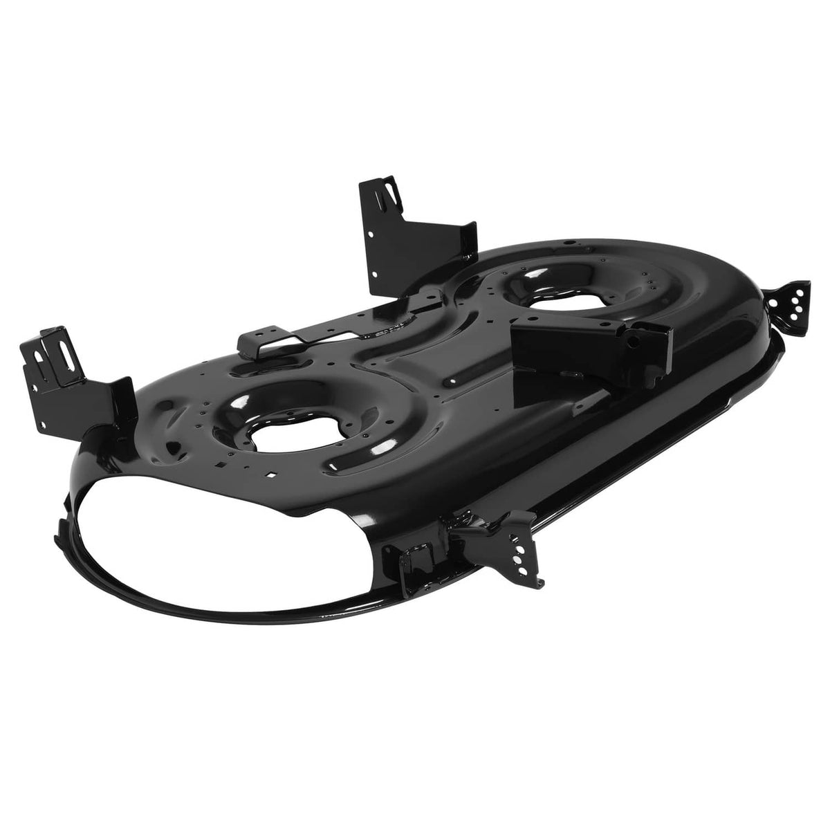 Black mower deck shell panel with spindle holes and attachment brackets