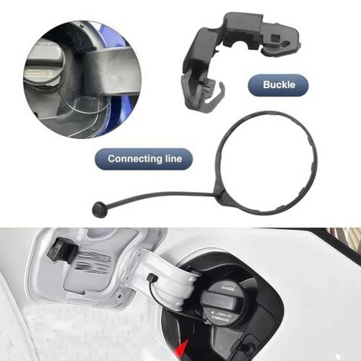 Fuel filler cap tether kit with clip and black connecting line for cap restraint