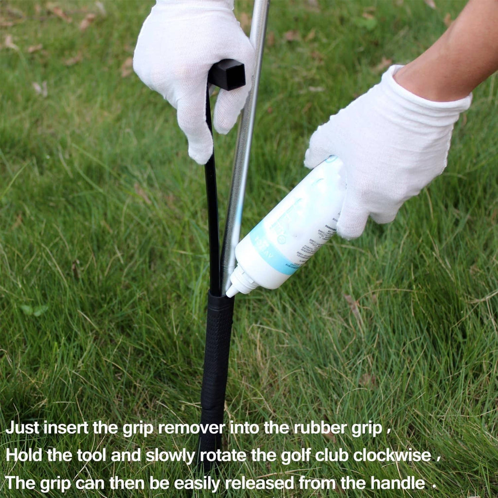 Gloved hands using a black grip removal tool inserted into a rubber golf grip