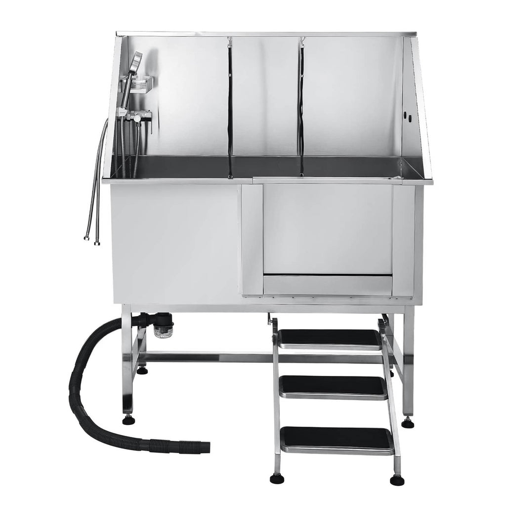 Stainless steel pet grooming tub interior with three-step stairs and hose