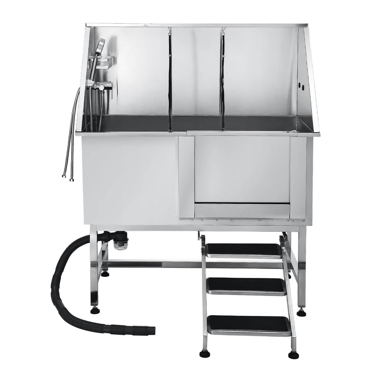 Stainless steel pet grooming tub interior with three-step stairs and hose