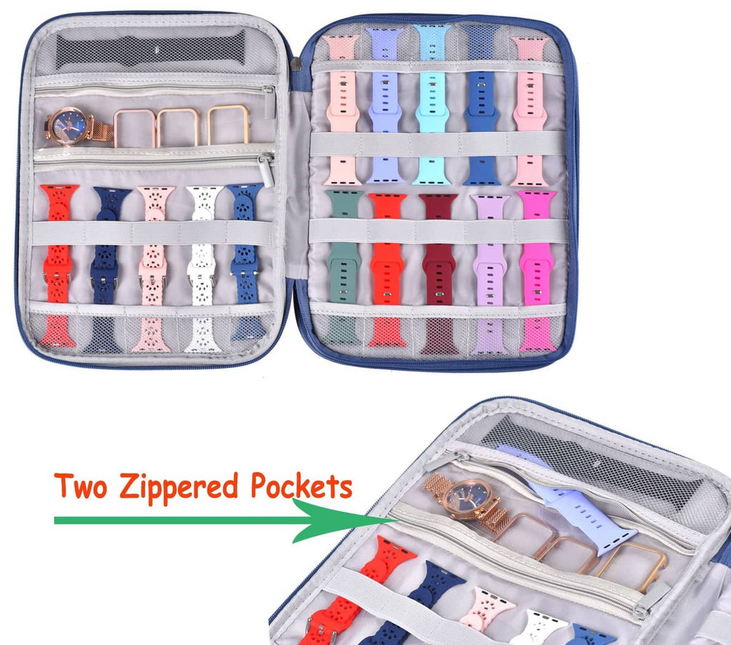 Blue watch band organizer case with two zip compartments and elastic band slots