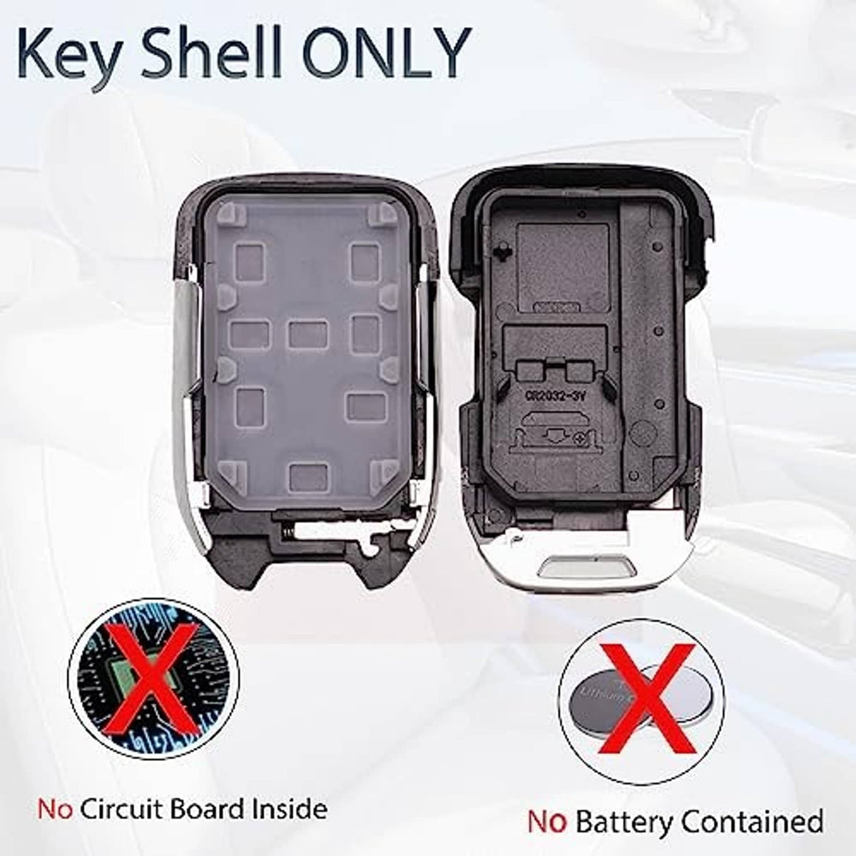 Black key fob shell case split open to show empty interior cavity