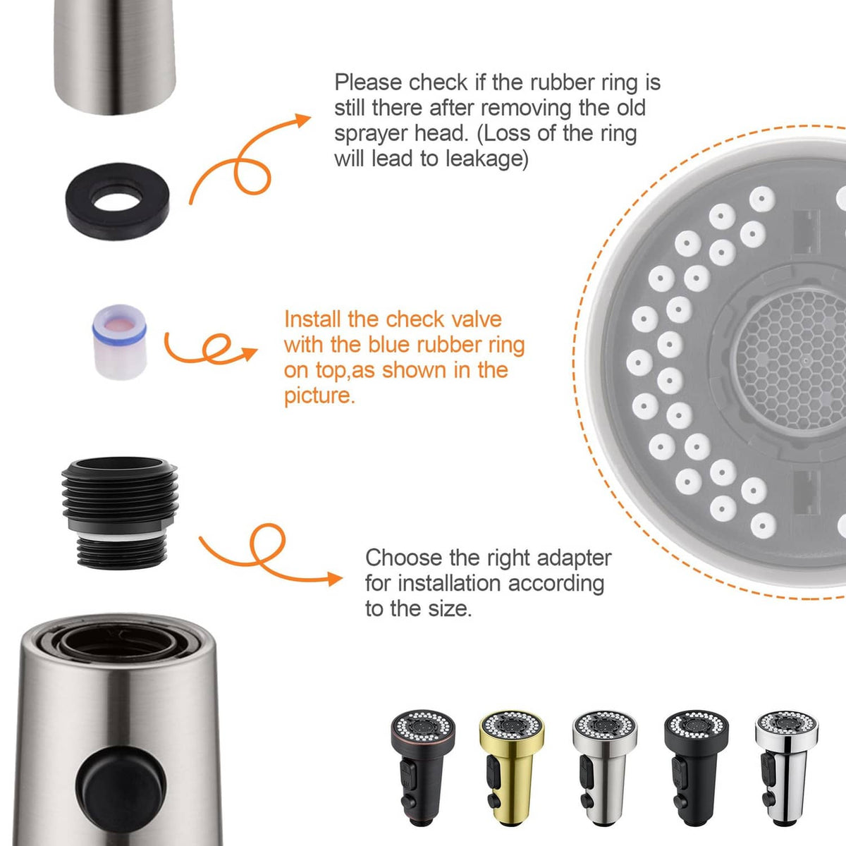 Faucet spray head adapter kit with rubber ring and multiple threaded nozzle adapters