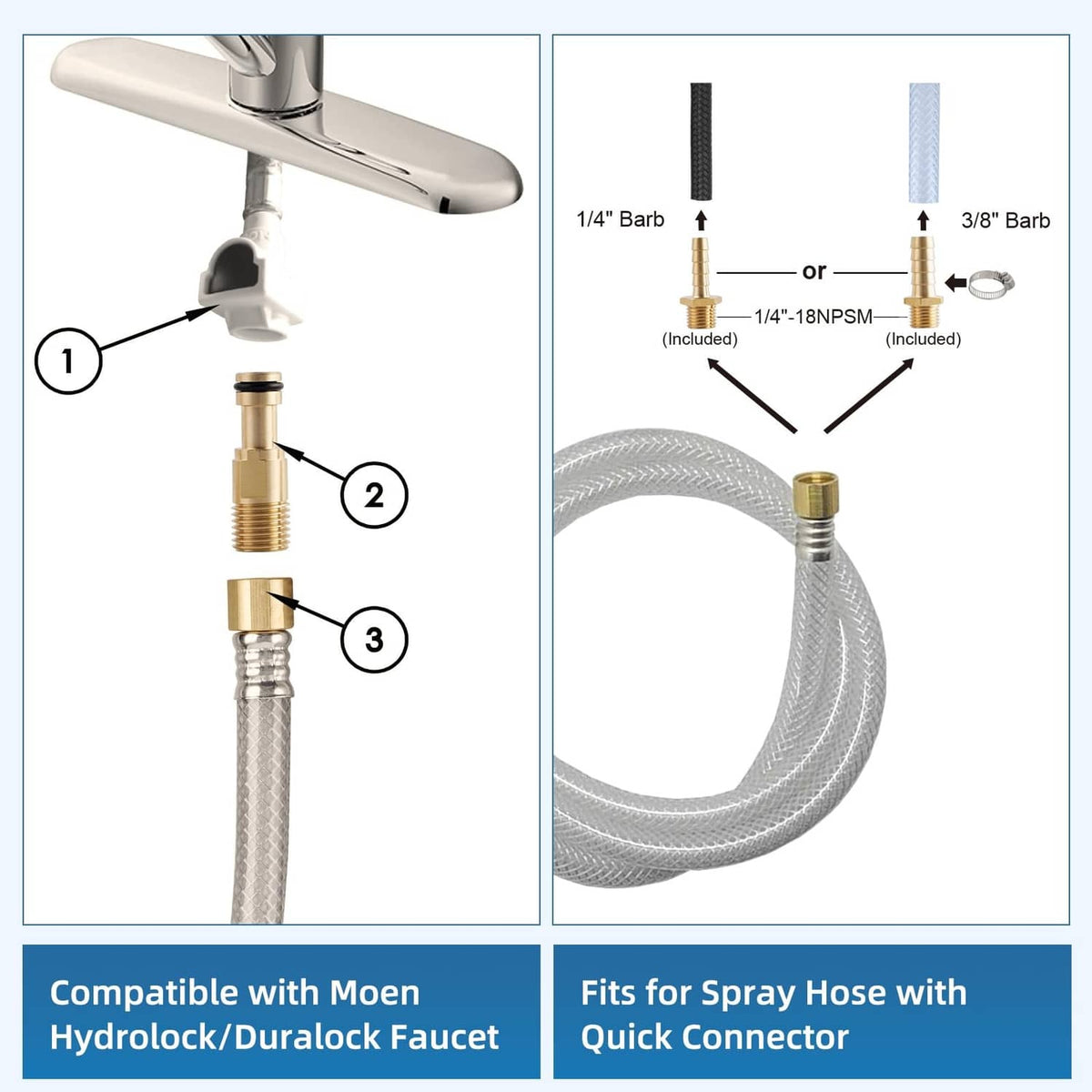 Kitchen sink sprayer hose with brass connector and quick-fit attachment parts