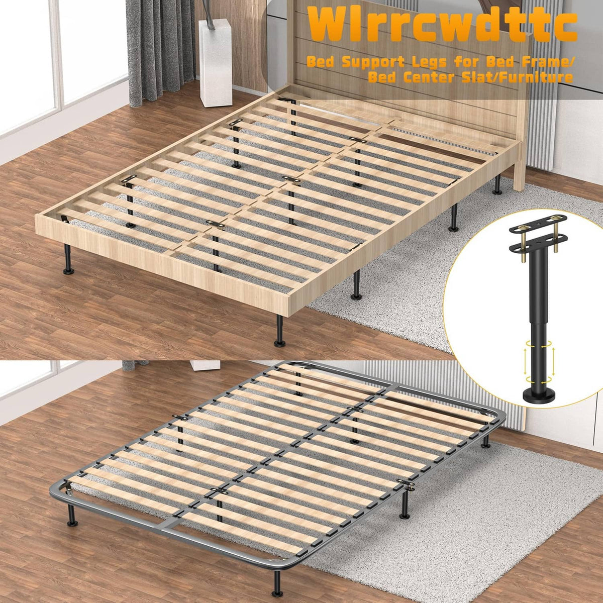Black adjustable bed support legs under a wooden bed frame with steel slats