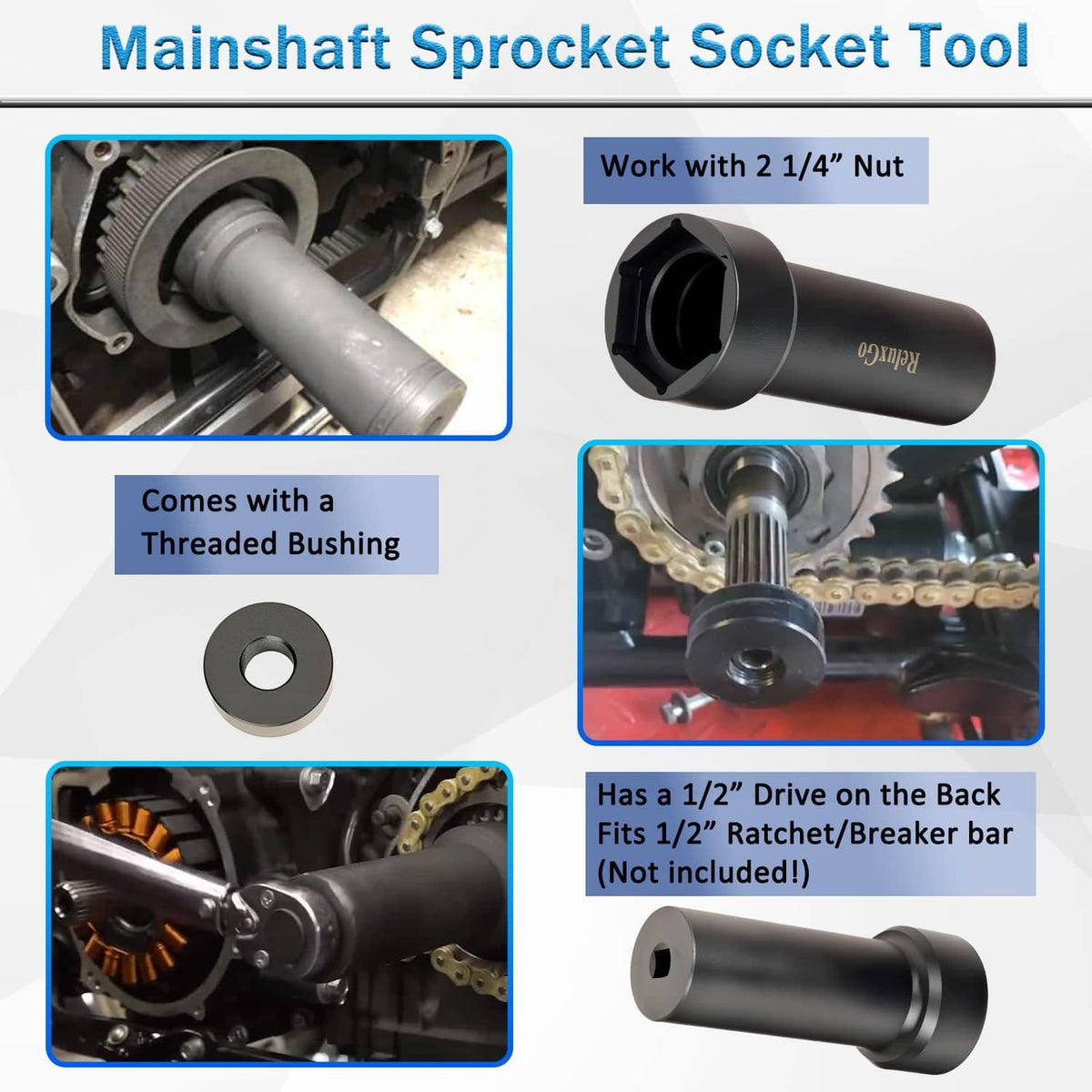 Black mainshaft sprocket socket tool with threaded bushing and deep hex socket