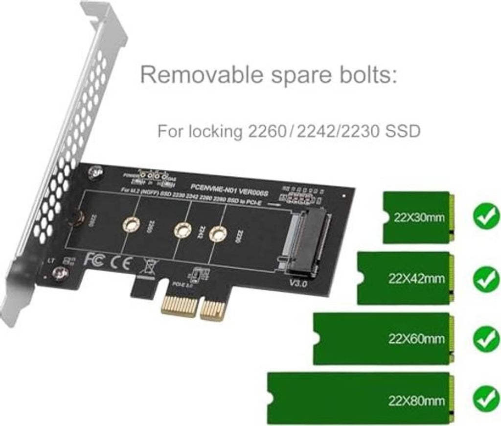 PCIe adapter card with removable bolts for 2260 and 2280 SSD mounting lengths