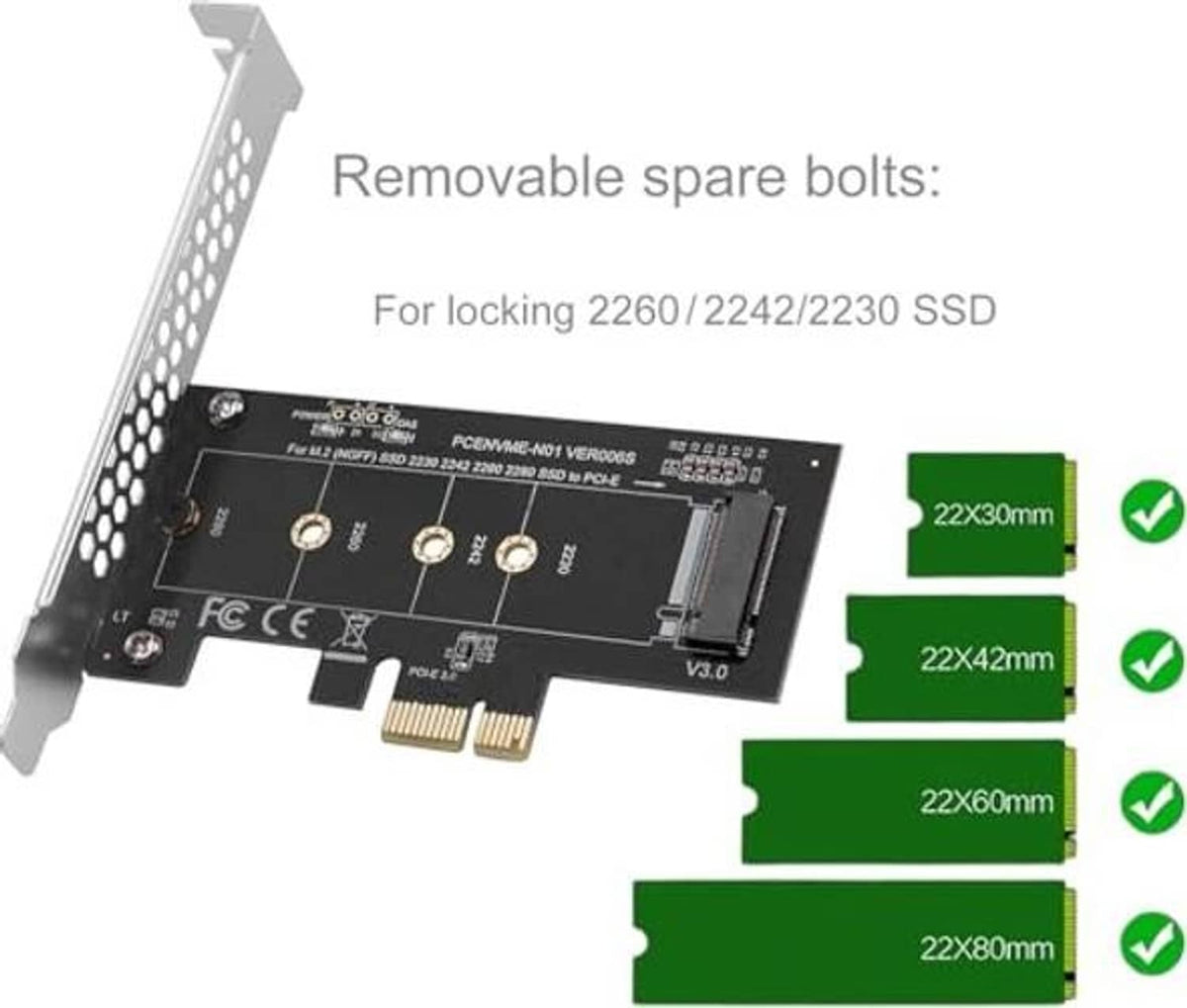 PCIe adapter card with removable bolts for 2260 and 2280 SSD mounting lengths