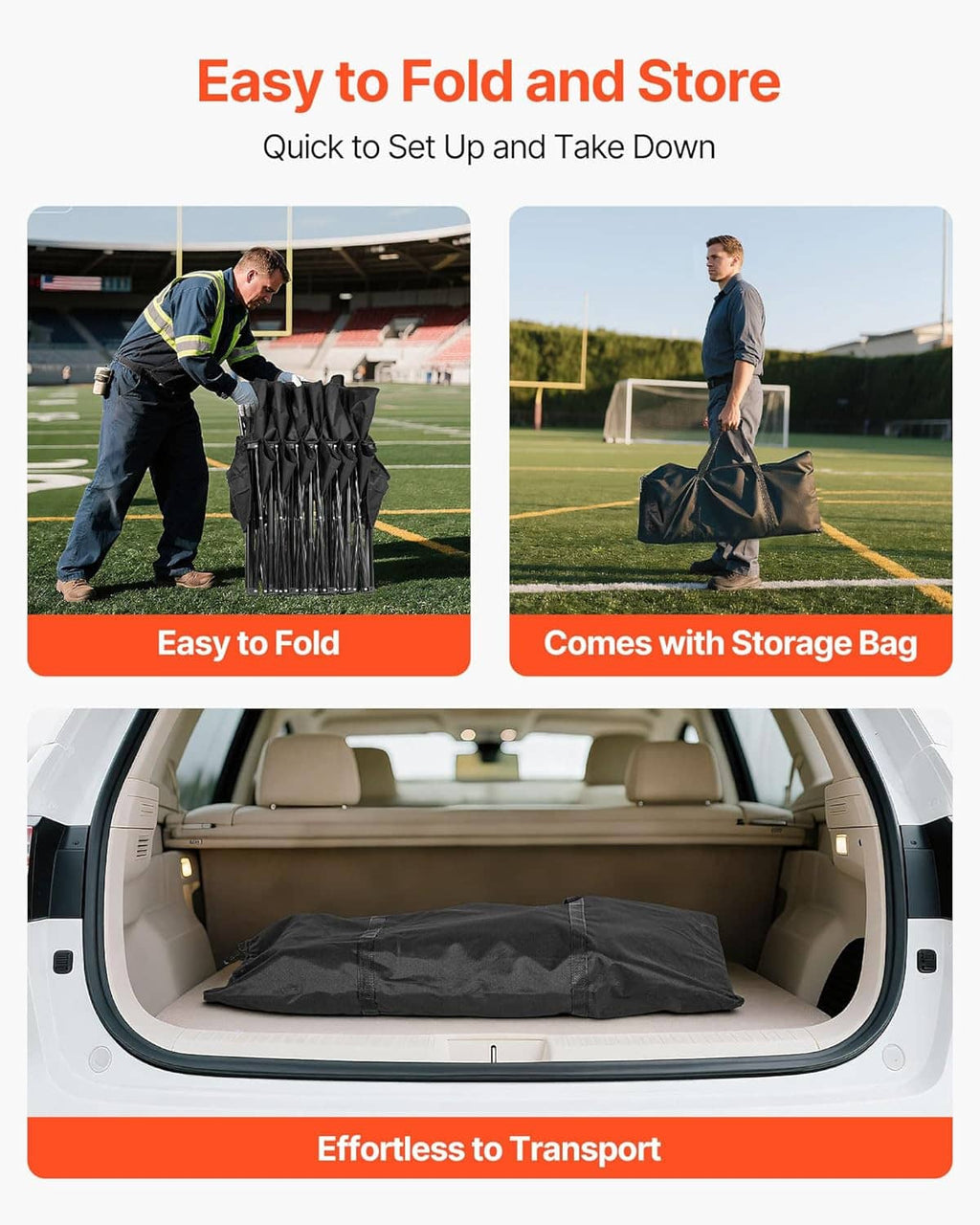 Black folding soccer bench with included storage bag for transport and storage