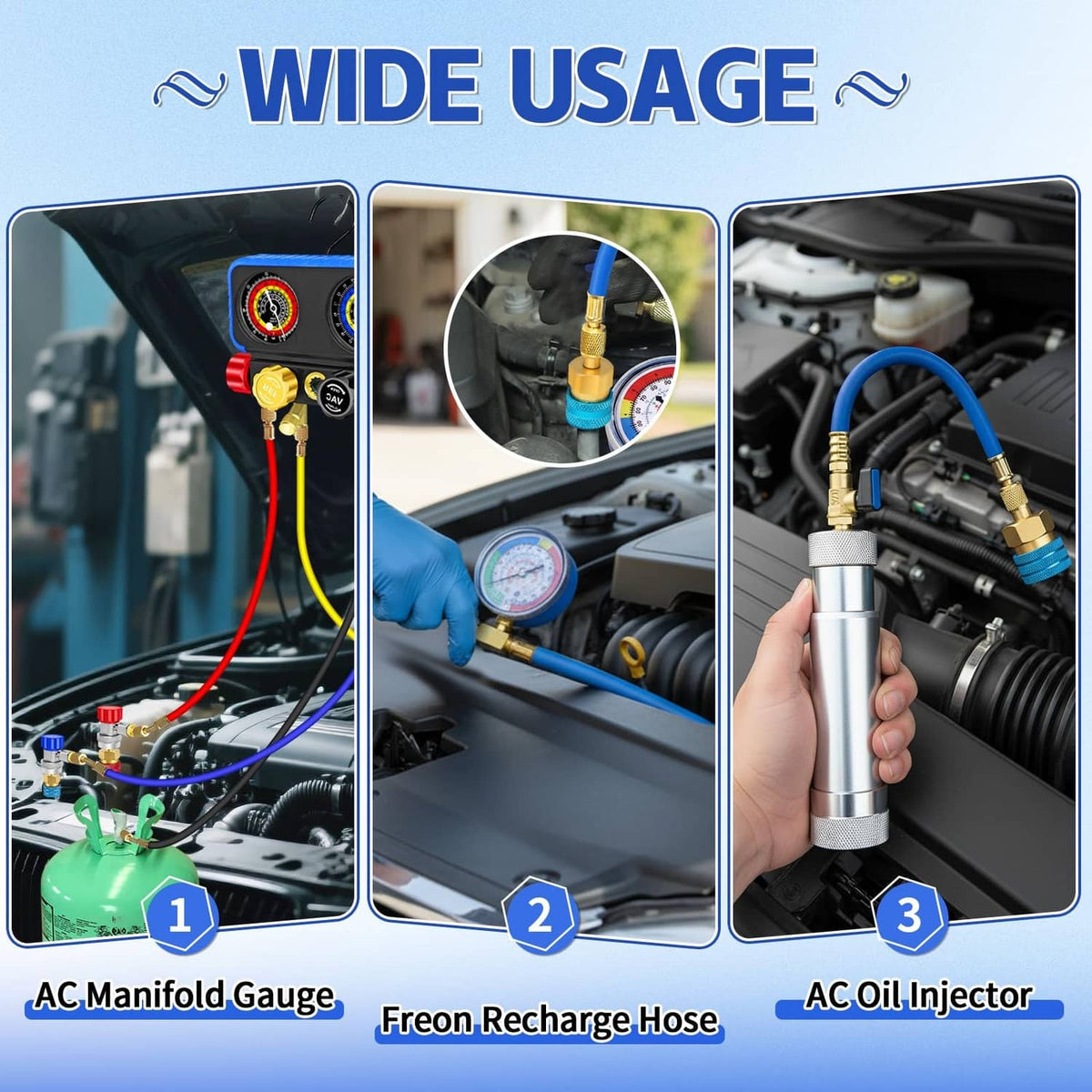 Brass quick coupler adapter with red and blue fittings for A/C service