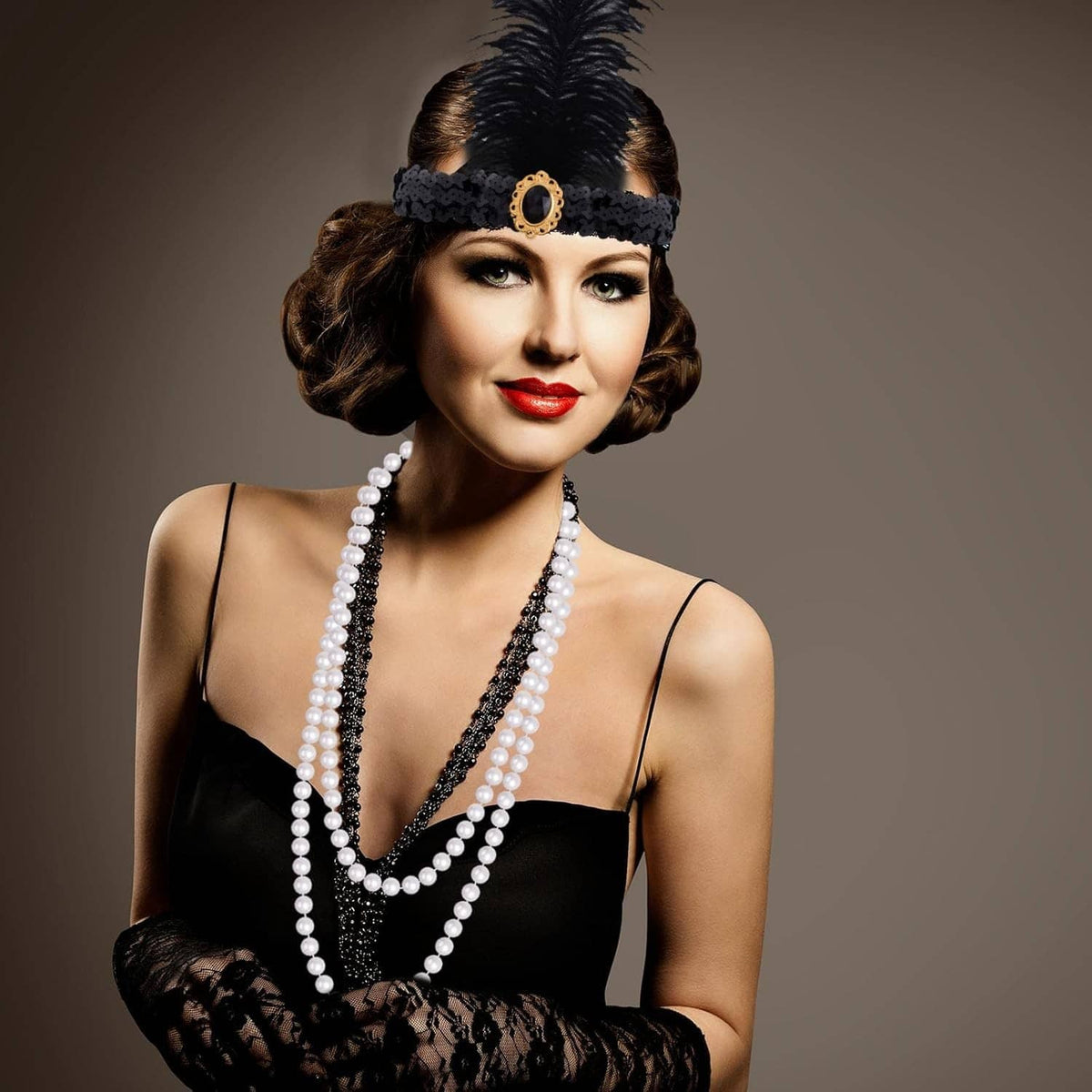 Flapper headband with feather, long double pearl necklace, black lace gloves