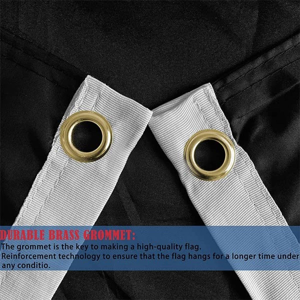 Black flag with reinforced top header and two brass grommets for hanging.