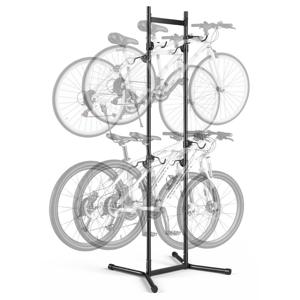 Black freestanding vertical bike rack with steel hooks and a wide stabilizing base