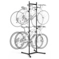 Black freestanding vertical bike rack with steel hooks and a wide stabilizing base
