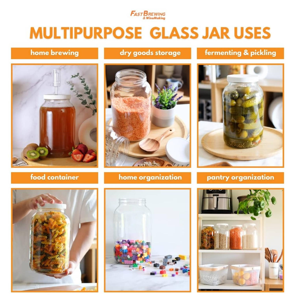 Clear wide-mouth glass jar with airlock lid for home brewing and storage