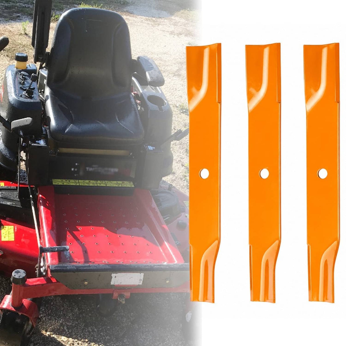 Orange mower deck blade set (3 blades) with mounting holes