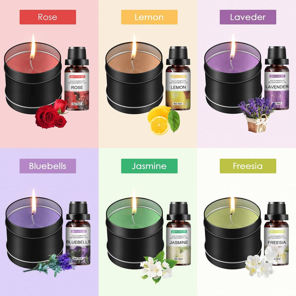 Candle jar and essential oil bottles for rose, lemon, lavender, bluebells, jasmine, freesia