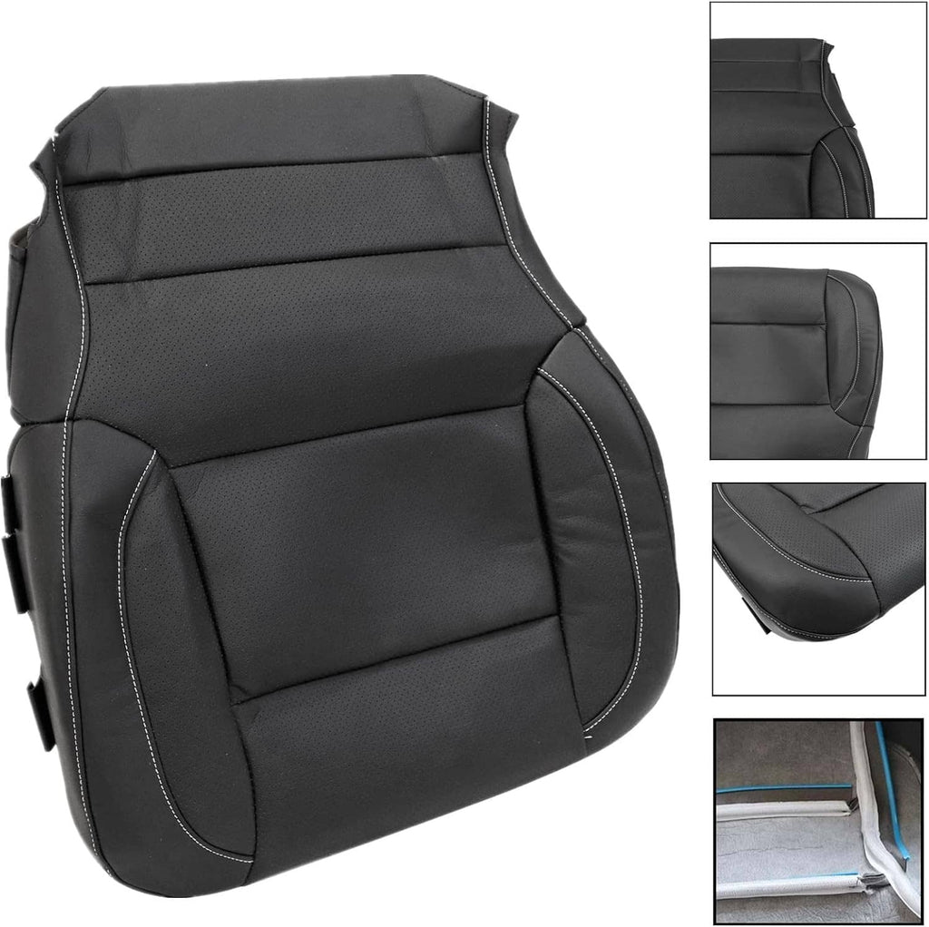 Black perforated leather seat cover bottom, side view with contrast piping and stitching