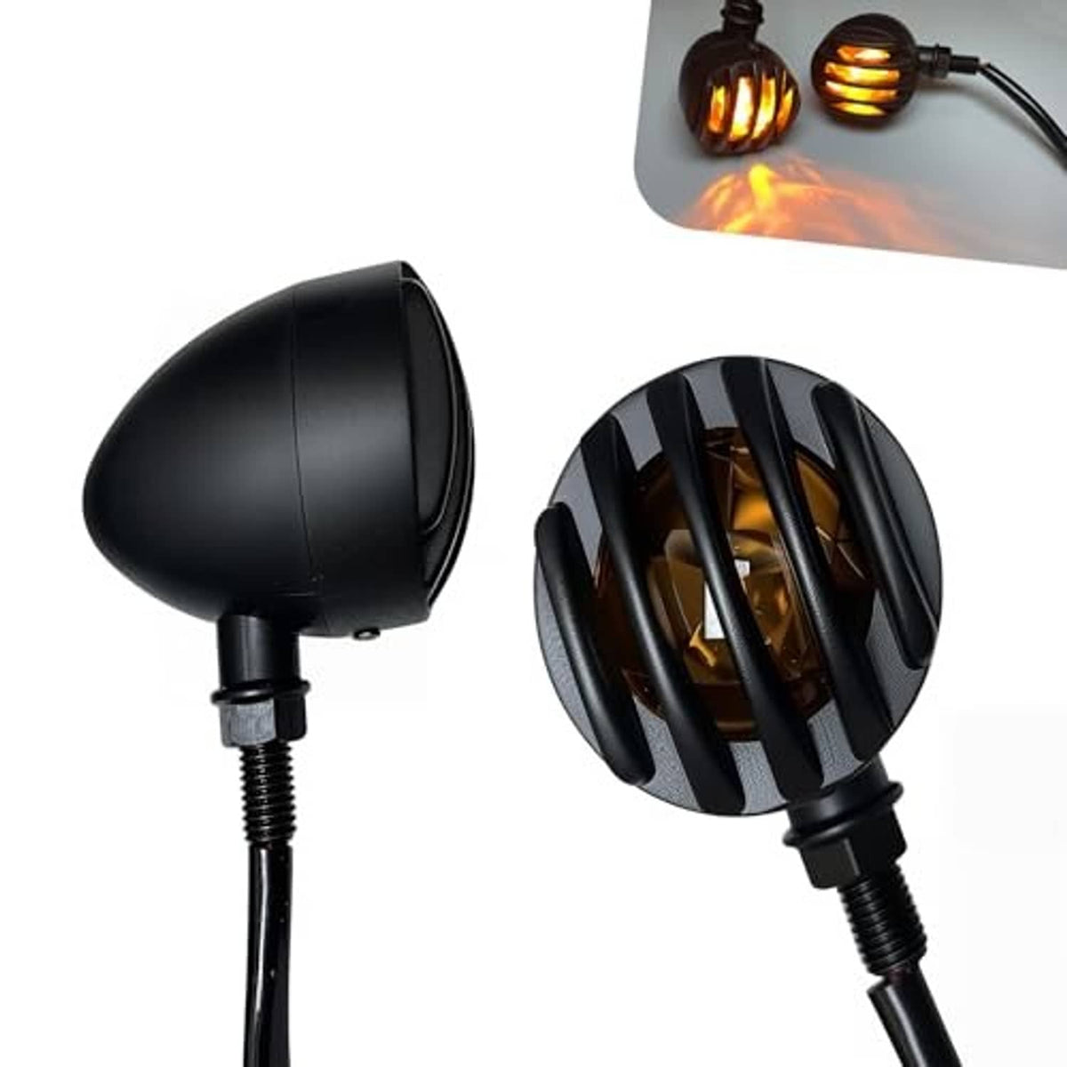Pair of black motorcycle LED turn signals showing ribbed amber lens front view