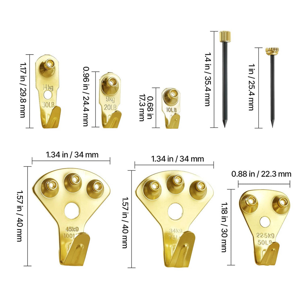 Gold metal picture hanging hooks with size and depth measurements, assorted styles